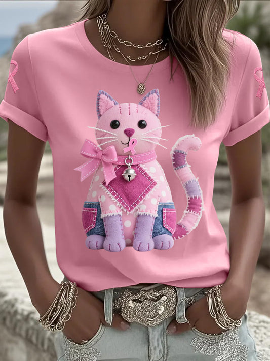 Women's Pink Cat Pink Ribbon Breast Cancer Awareness Support Tee