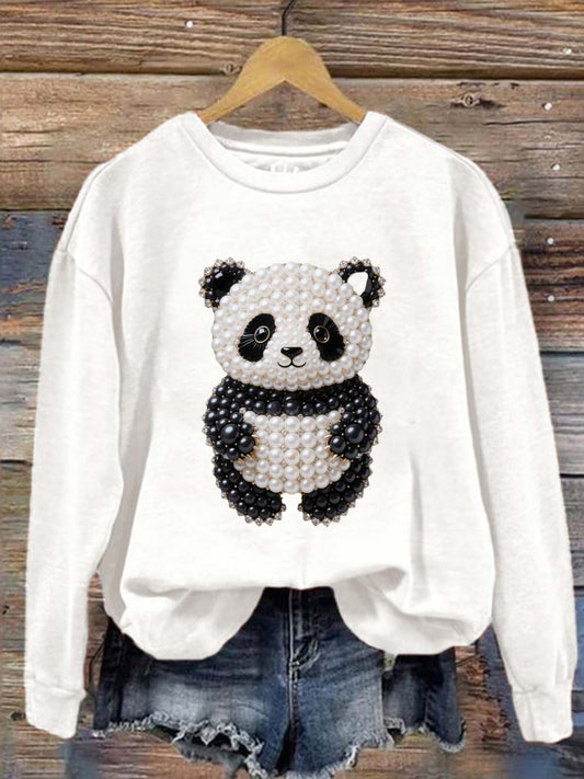 Vintage Colorful Panda Pearl Printed Crew-Neck Retro Fashion Loose Long Sleeved Sweatshirt