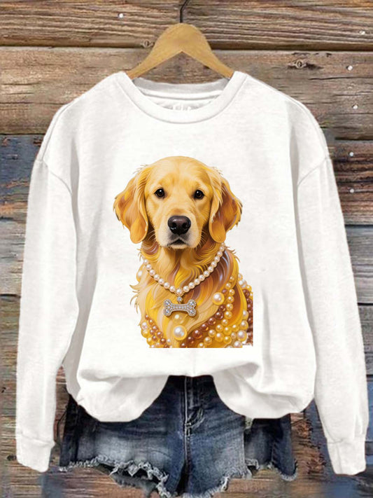 Vintage Colorful Dog Golden Retriever Pearl Necklace Printed Crew-Neck Retro Fashion Loose Long Sleeved Sweatshirt