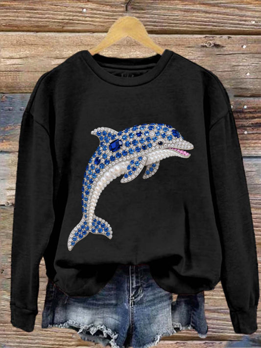 Vintage Colorful Dolphin Diamond Pearl Printed Crew-Neck Retro Fashion Loose Long Sleeved Sweatshirt