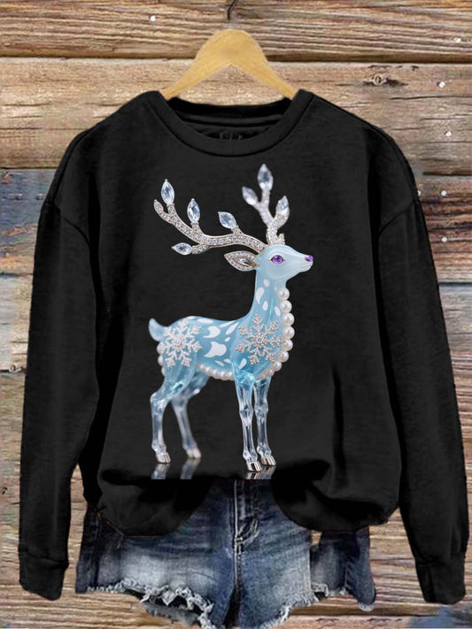 Vintage Colorful Christmas Reindeer Diamond Pearl Printed Crew-Neck Retro Fashion Loose Long Sleeved Sweatshirt