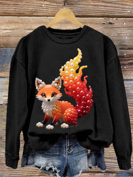 Vintage Colorful Fox Diamond Pearl Printed Crew-Neck Retro Fashion Loose Long Sleeved Sweatshirt