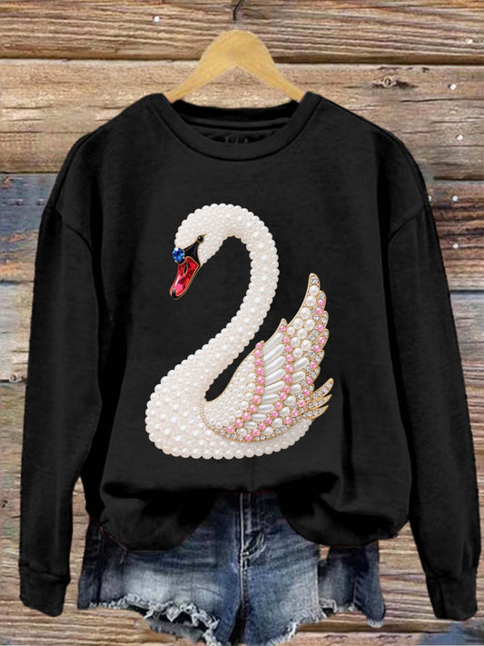 Vintage Swan Pearls Printed Crew-Neck Retro Fashion Loose Long Sleeved Sweatshirt