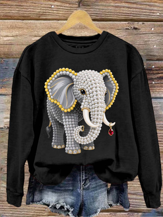 Vintage Elephant Colorful Pearls Printed Crew-Neck Retro Fashion Loose Long Sleeved Sweatshirt