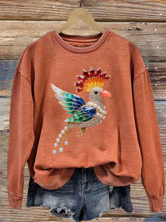 Vintage Birds Colorful Pearls and Diamonds Printed Crew-Neck Retro Fashion Loose Long Sleeved Sweatshirt