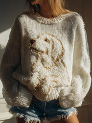 Women’s Fuzzy Golden Retriever Dog Felt Cozy Knit Sweater As picture / S
