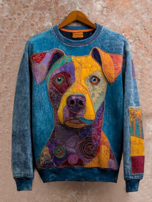 Women's Vintage Patchwork Dog Art Print Casual Sweatshirt