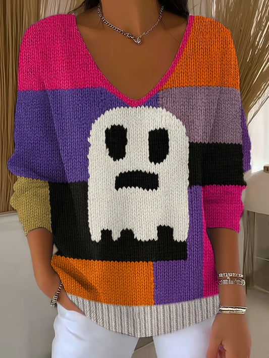 Women‘s Halloween Cute Colorful Ghost Print Casual Long-Sleeve Top