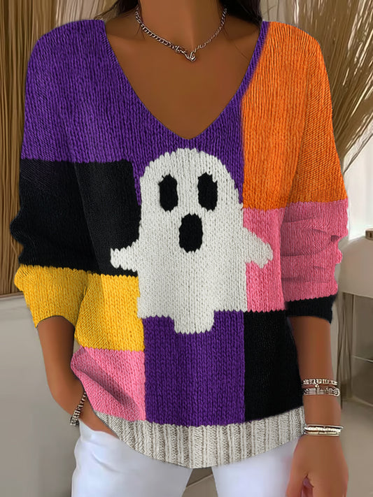 Women‘s Halloween Cute Colorful Ghost Print Casual Long-Sleeve Top