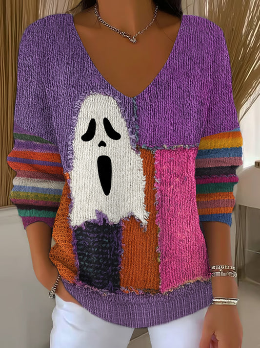 Women‘s Halloween Cute Colorful Ghost Print Casual Long-Sleeve Top