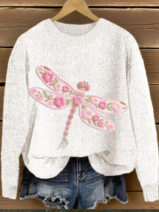 Women's Pink Floral Dragonfly Embroidered Knitted Sweater