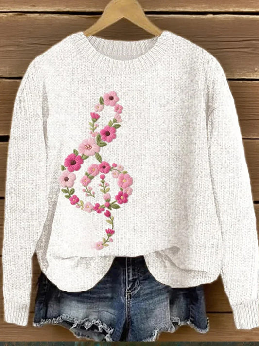 Women's Pink Floral Musical Note Art Print Sweater