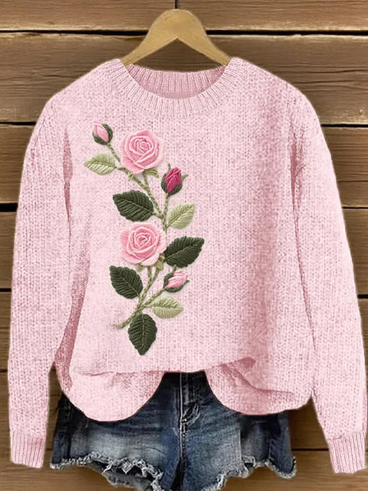 Women's Pink Floral Art Print Sweater
