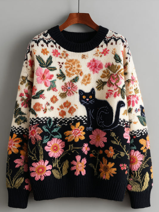 Women's Vintage Floral Kitten Art Print Sweater