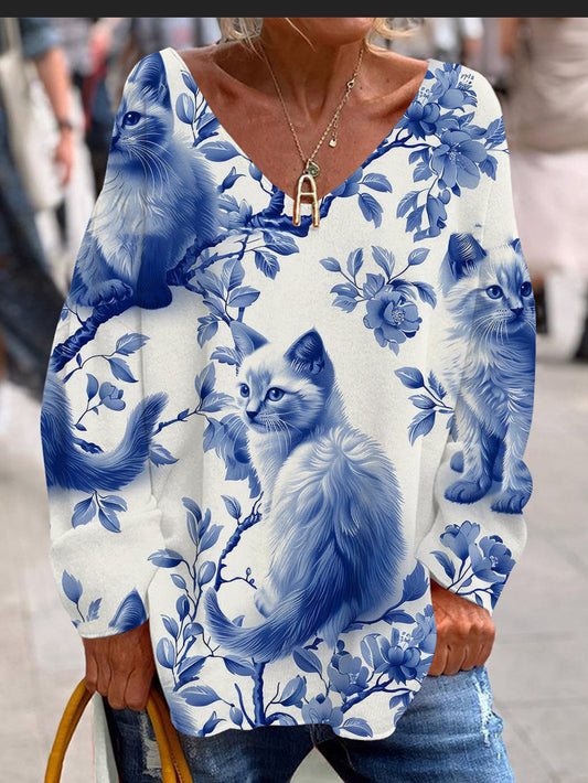 Women's Retro Cat Art Print Casual Long Sleeve T-shirt