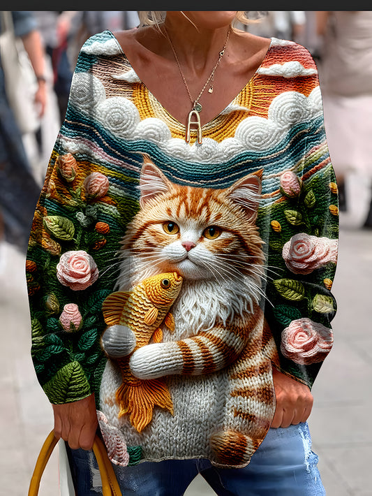 Women's Retro Cat Art Print Casual Long Sleeve T-shirt