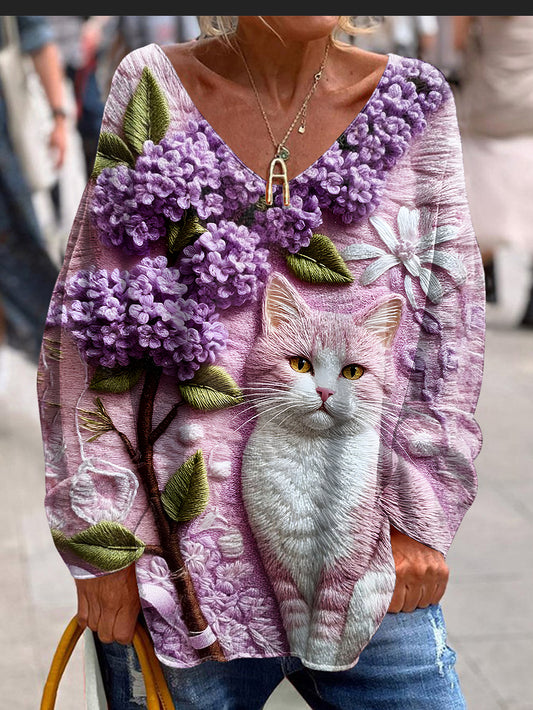 Women's Retro Cat Art Print Casual Long Sleeve T-shirt