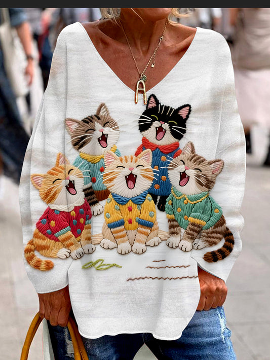 Women's Retro Cat Art Print Casual Long Sleeve T-shirt