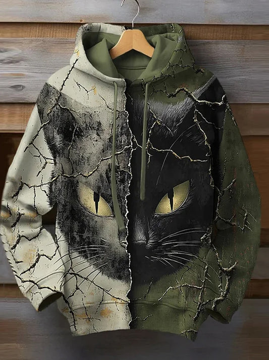 Unisex Vintage Cat Art Print Casual Hoodie