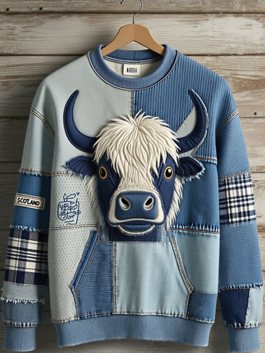 Women's Cute Highland Cow Long Sleeve Denim Patchwork Oversize Sweatshirt