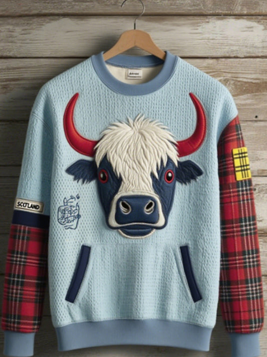 Women's Cute Highland Cow Long Sleeve Scottish Plaid Patchwork Oversized Sweatshirt