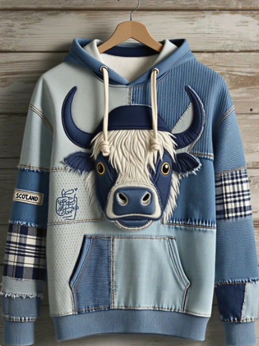 Men's Cute Highland Cow Long Sleeve Denim Patchwork Oversized Hoodie