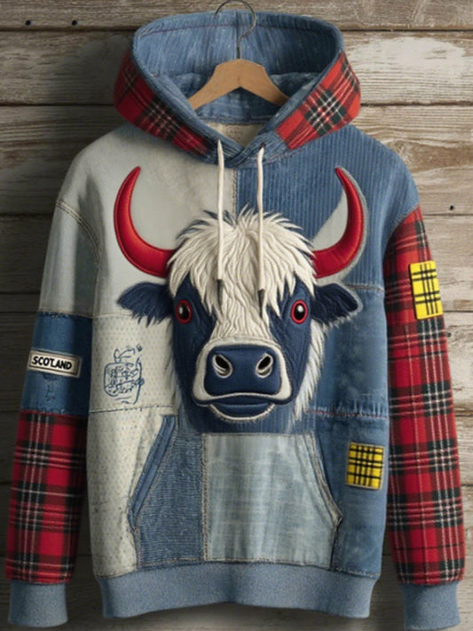 Men's Cute Highland Cow Long Sleeve Scottish Plaid Patchwork Oversized Hooded