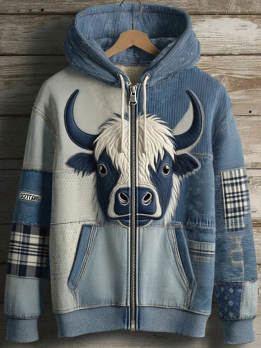 Unisex Cute Scottish Highland Cow Long Sleeve Zipper Denim Panel Oversized Hoodie