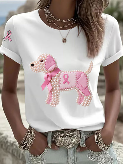 Women's Pink Ribbon Pearl Dog Print Casual T-shirt