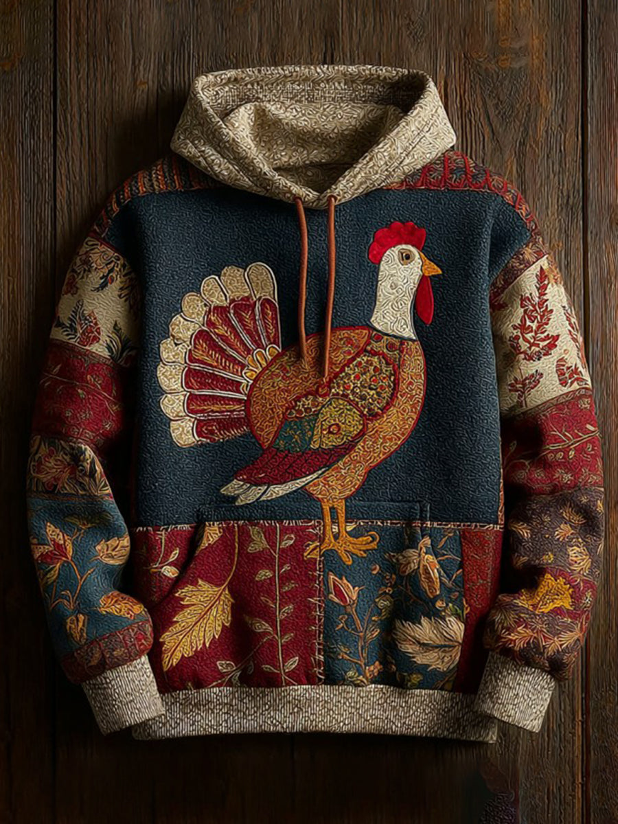 Vintage Thanksgiving Turkey Patchwork Print Art Casual Hoodie