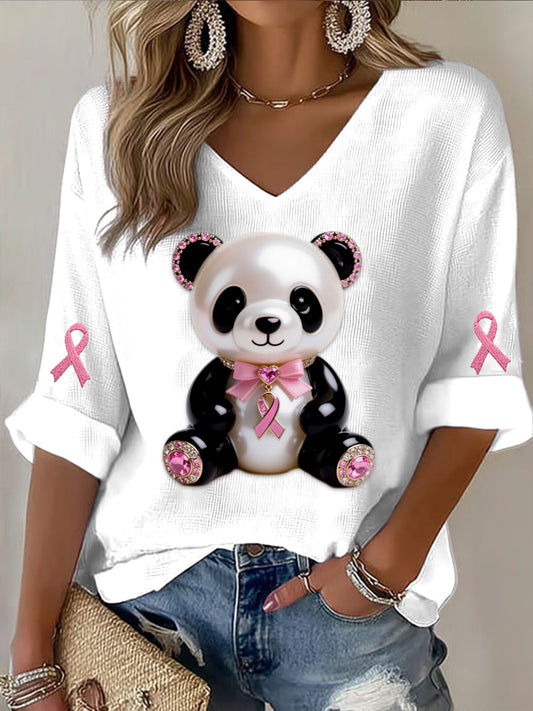 Retro Breast Cancer Pearl Diamond Cute Panda Print Casual Cotton Waffle Long Sleeve T-Shirt