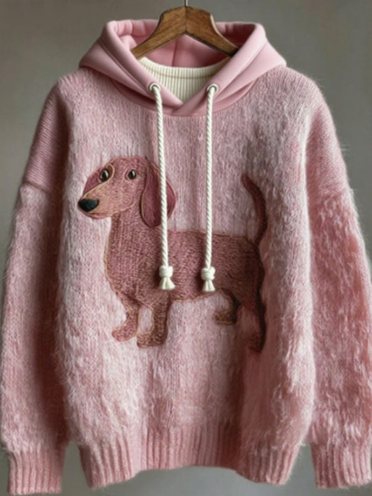 Women's Pink Dachshund Embroidered Plush Comfortable Knitted Oversized Sweater Sweatshirt