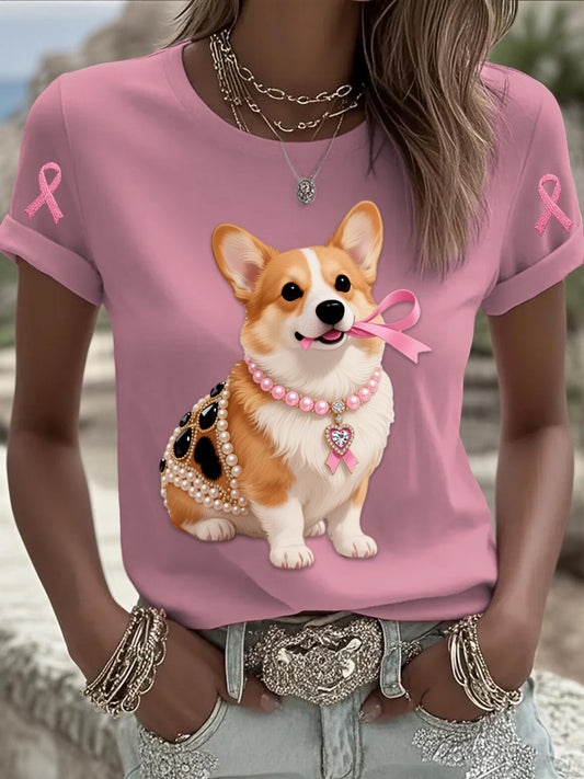 Retro Breast Cancer Pearl Jewelry Corgi Puppy Print Comfortable Casual Cotton Short-sleeved T-shirt