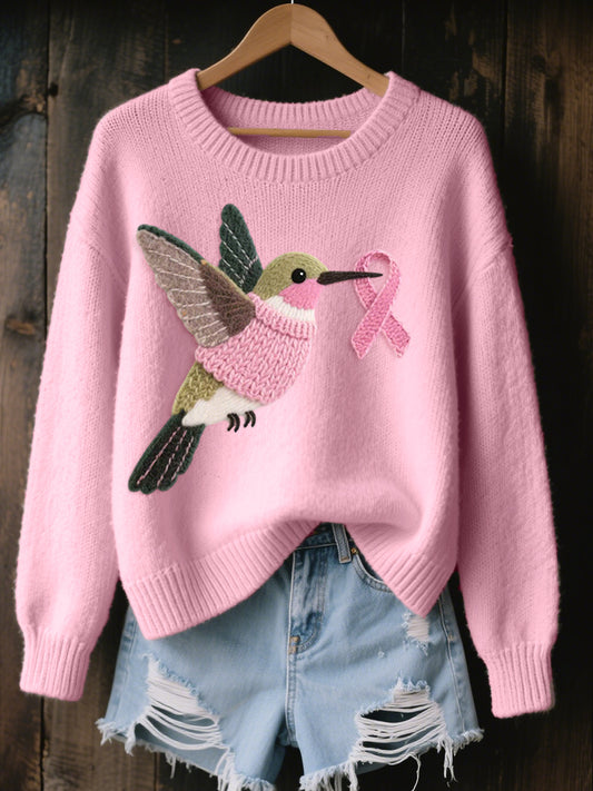 Women's Felt Art Hummingbird Pattern Cozy Knit Sweater