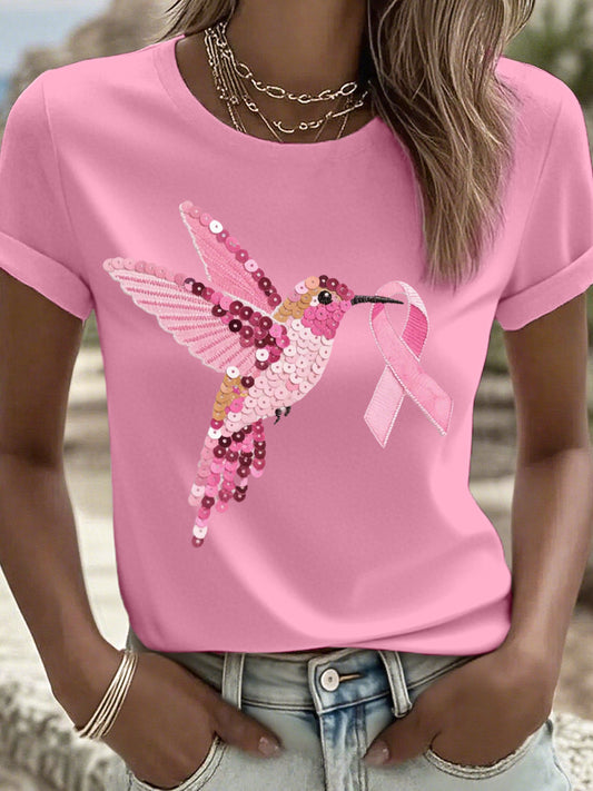 Women's Pink Sequin Hummingbird Pattern T-Shirt