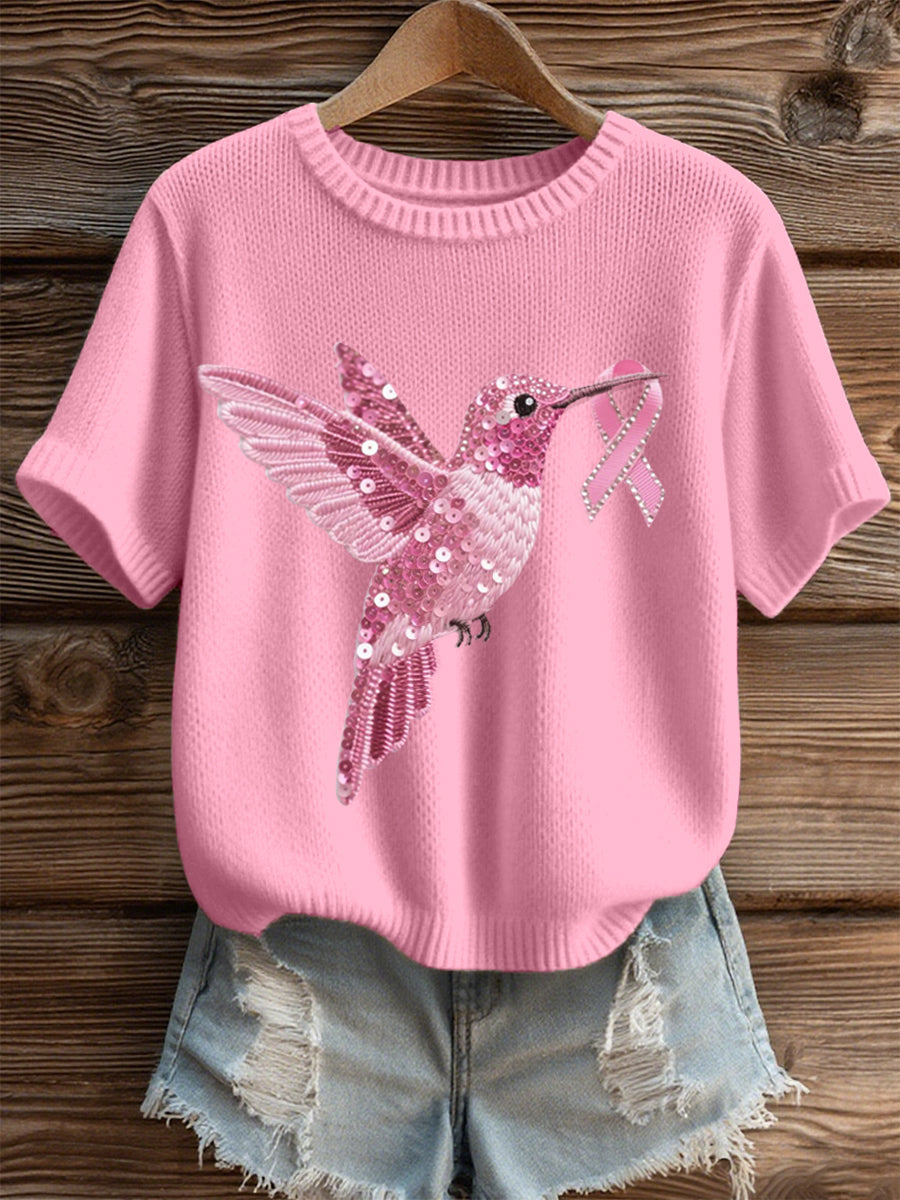 Women's Pink Sequin Hummingbird Pattern Cozy Knit Top