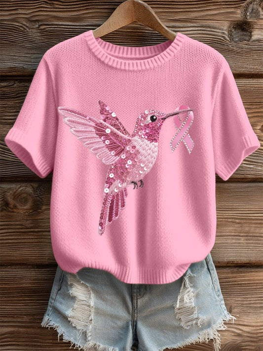 Women's Pink Sequin Hummingbird Pattern Cozy Knit Top
