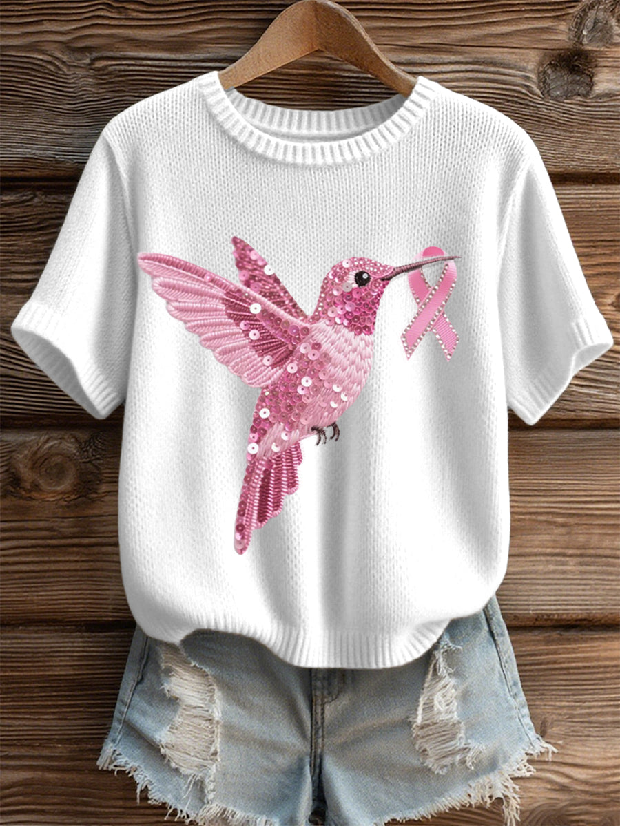 Women's Pink Sequin Hummingbird Pattern Cozy Knit Top