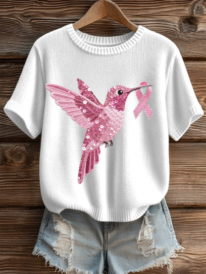 Women's Pink Sequin Hummingbird Pattern Cozy Knit Top