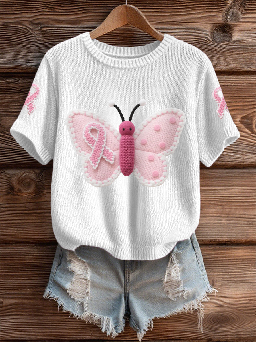Women's Pink Butterfly Pink Ribbon Breast Cancer Awareness Support Tee