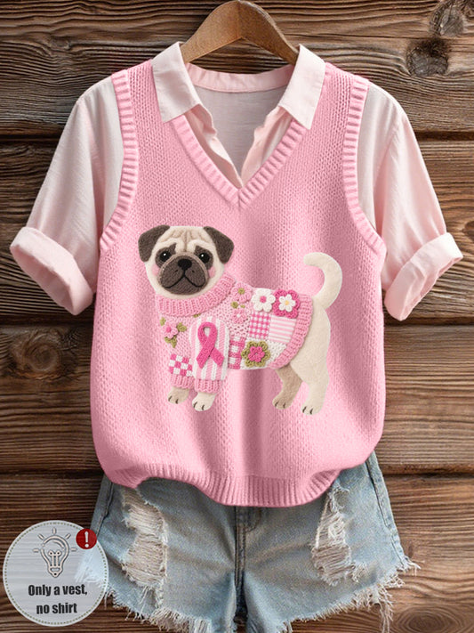 Women's Felt Art Pug Pattern Cozy Knit Vest