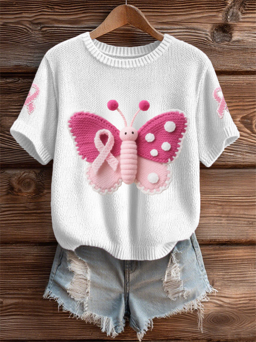 Women's Pink Butterfly Pink Ribbon Breast Cancer Awareness Support Tee