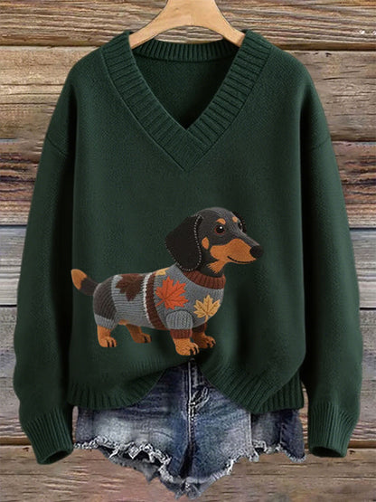 Women's Autumn Dog Art Print Long Sleeve V-neck Imitation Sweater