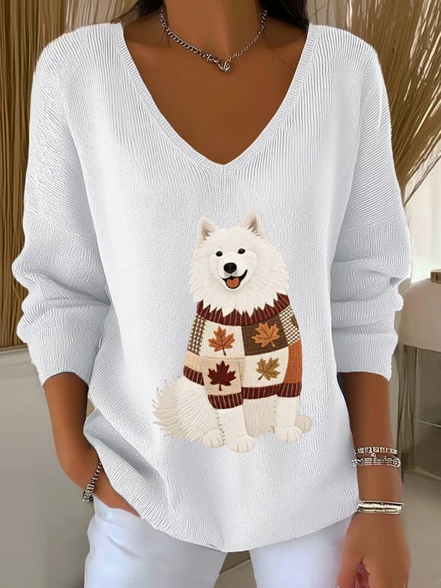 Women's Autumn Dog Art Print V-Neck Ribbed Top