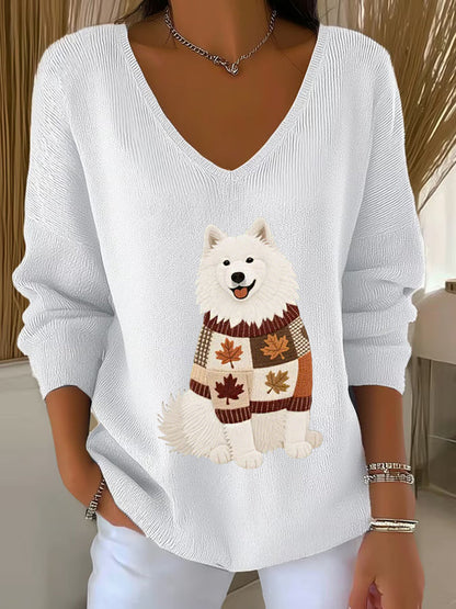 Women's Autumn Dog Art Print V-Neck Ribbed Top