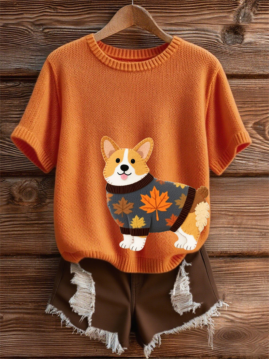 Women's Autumn Dog Art Print O-Neck Short Sleeve T-shirt