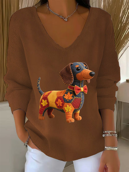 Women's Autumn Dog Art Print  V-Neck Ribbed Top