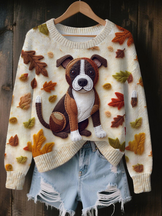 Women's Vintage Autumn Fallen Patchwork Dog Print Art Casual Knitted Sweater