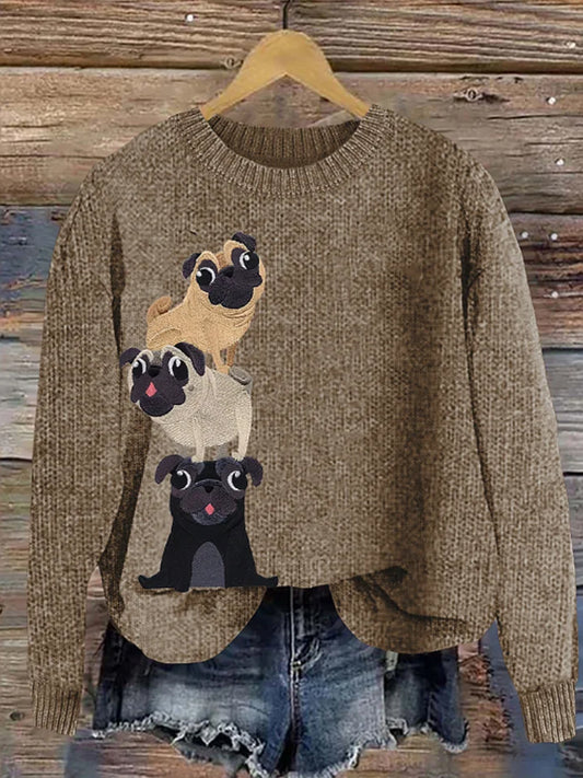 Women's Cute Pug Embroidery Art Women's Cozy Sweater