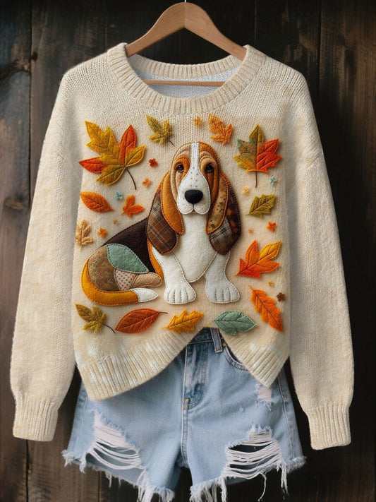 Women's Vintage Autumn Fallen Patchwork Dog Print Art Casual Knitted Sweater